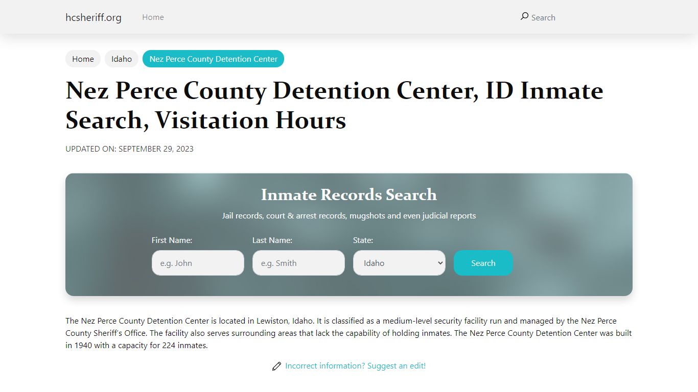 Nez Perce County Detention Center, ID Inmate Search, Visitation Hours